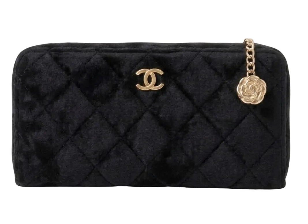 CHANEL Beauty Velvet Pouch with Gold Camellia Chain - Black