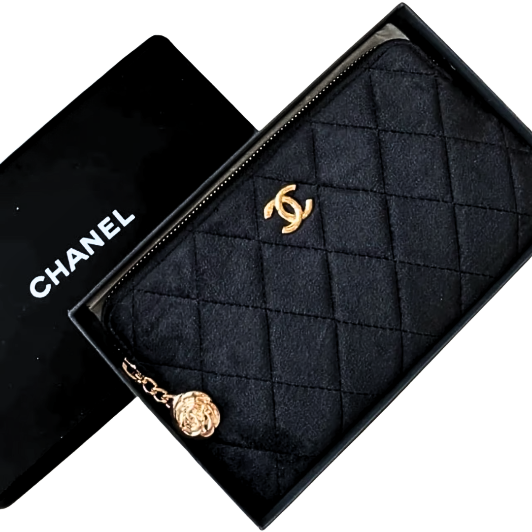 CHANEL Beauty Velvet Pouch with Gold Camellia Chain - Black