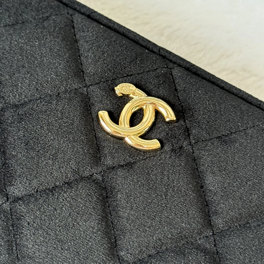 CHANEL Beauty Velvet Pouch with Gold Camellia Chain - Black